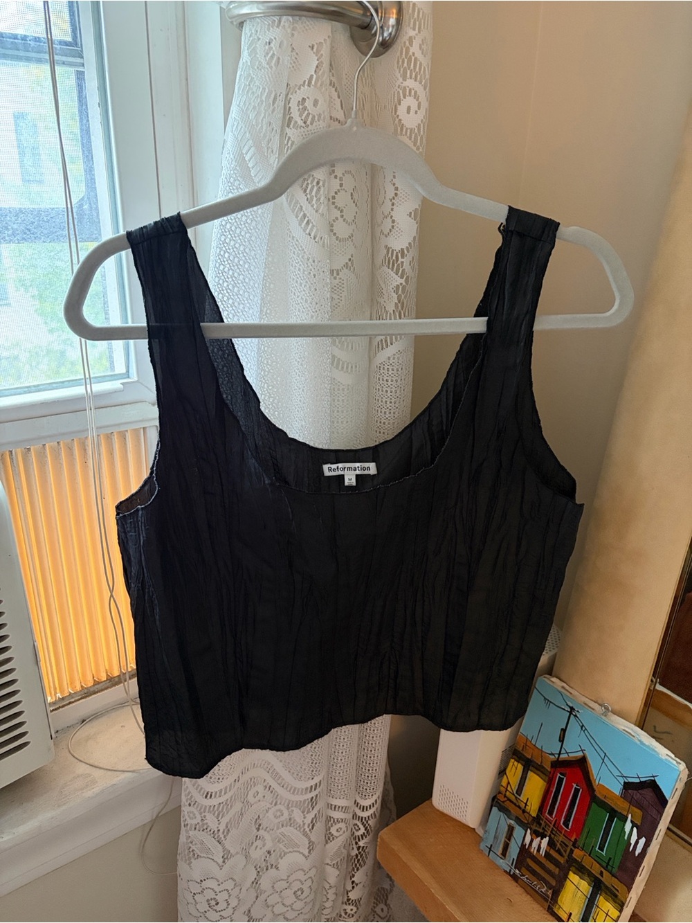 Reformation Black Crinkle Textured Scoop Black Top